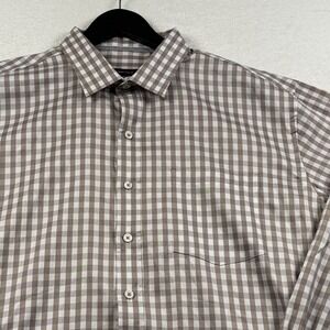 Bugatchi Men's XL Brown White Gingham Plaid Button Up Long Sleeve‎ Shirt